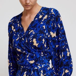 Royal Blue Floral Wrap Blouse with Tie